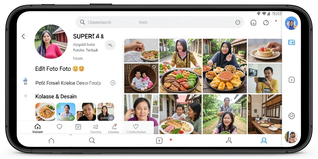 Tampilan antarmuka aplikasi SUPER5 dengan berbagai fitur kolase foto.